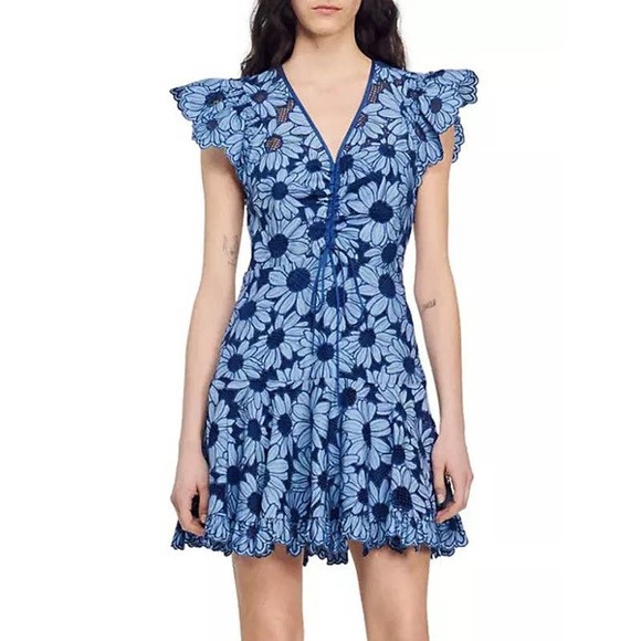 Sandro Daisy Guipure Dress Short Ruffle Sleeves Blue Size 36 / 4 NWT - Picture 1 of 12